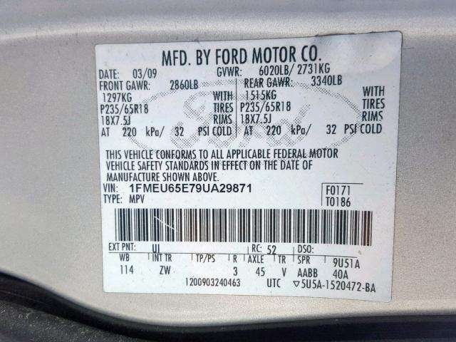 1FMEU65E79UA29871 - 2009 FORD EXPLORER L SILVER photo 10