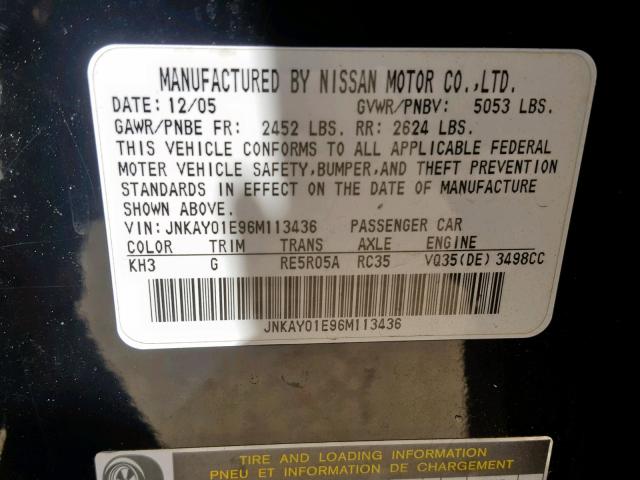 JNKAY01E96M113436 - 2006 INFINITI M35 BASE BLACK photo 10