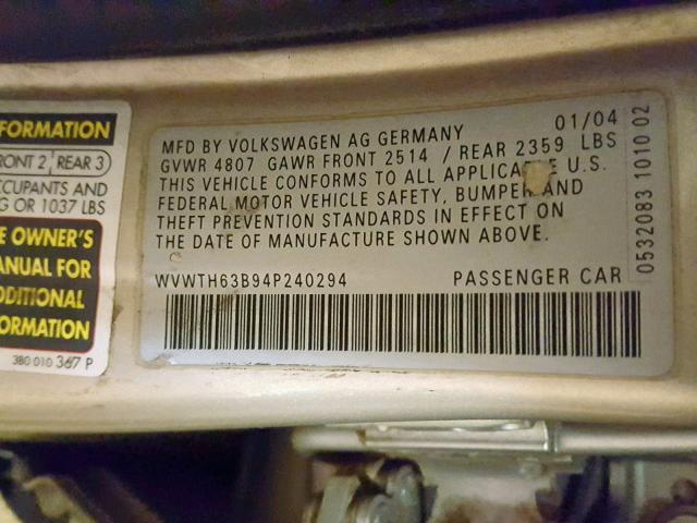 WVWTH63B94P240294 - 2004 VOLKSWAGEN PASSAT GLX 棕色 照片 10