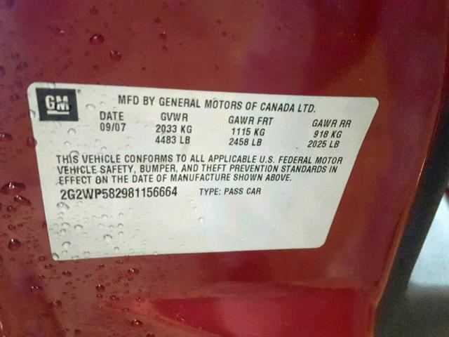2G2WP582981156664 - 2008 PONTIAC GRAND PRIX RED photo 10