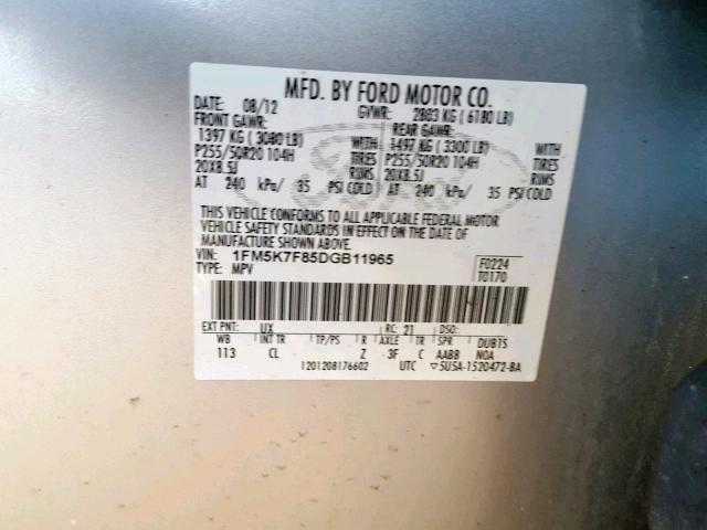 1FM5K7F85DGB11965 - 2013 FORD EXPLORER L SILVER photo 10