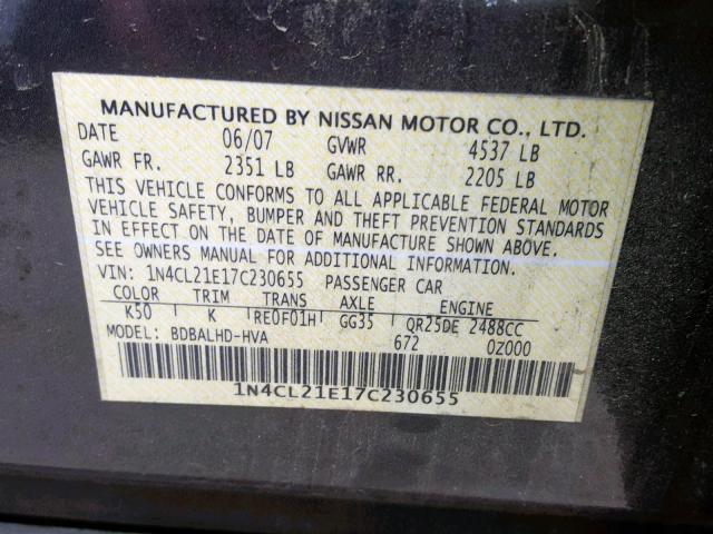 1N4CL21E17C230655 - 2007 NISSAN ALTIMA HYB GRAY photo 10