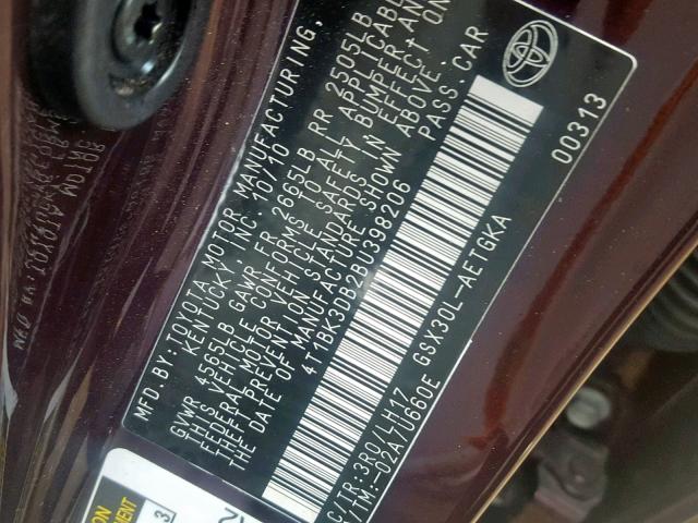 4T1BK3DB2BU398206 - 2011 TOYOTA AVALON BAS MAROON photo 10