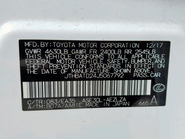 JTHBA1D24J5067792 - 2018 LEXUS IS 300 WHITE photo 10