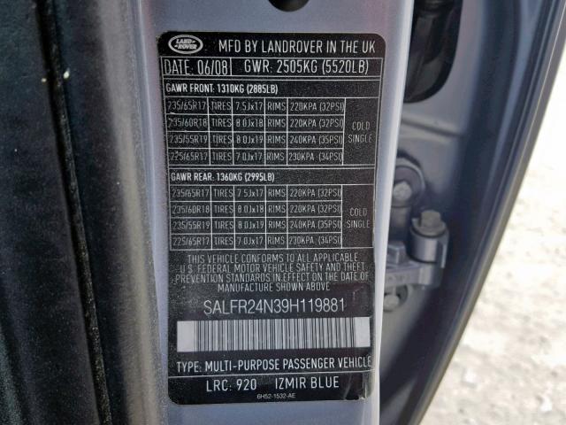 SALFR24N39H119881 - 2009 LAND ROVER LR2 HSE BLUE photo 10