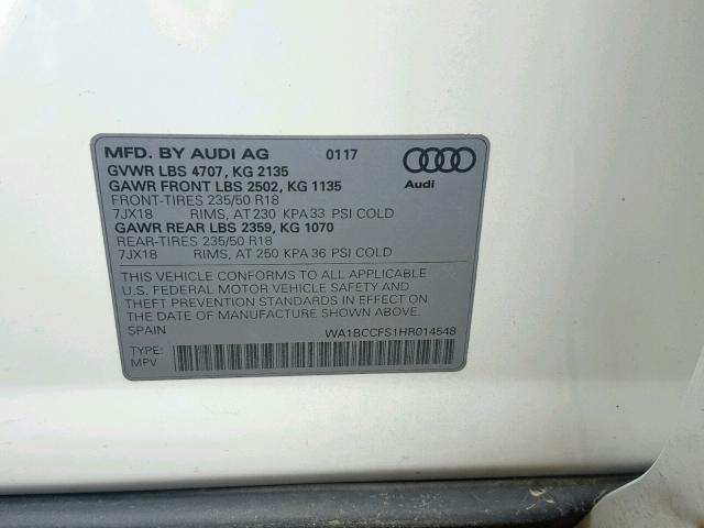 WA1BCCFS1HR014548 - 2017 AUDI Q3 PREMIUM WHITE photo 10