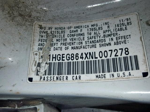 1HGEG864XNL007278 - 1992 HONDA CIVIC DX WHITE photo 10