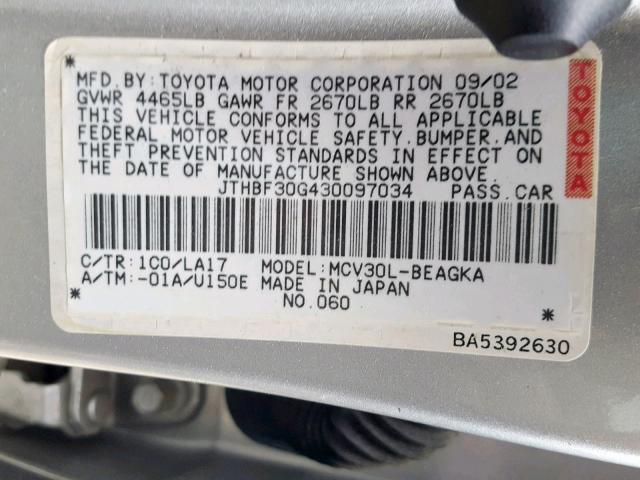 JTHBF30G430097034 - 2003 LEXUS ES 300 GRAY photo 10