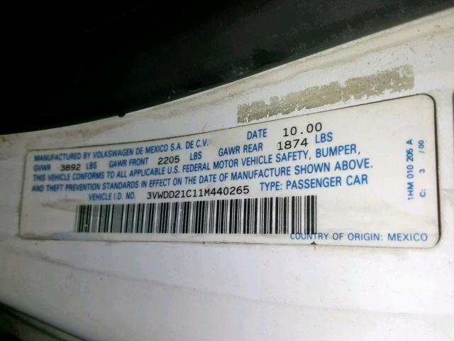 3VWDD21C11M440265 - 2001 VOLKSWAGEN NEW BEETLE Weiß Foto 10