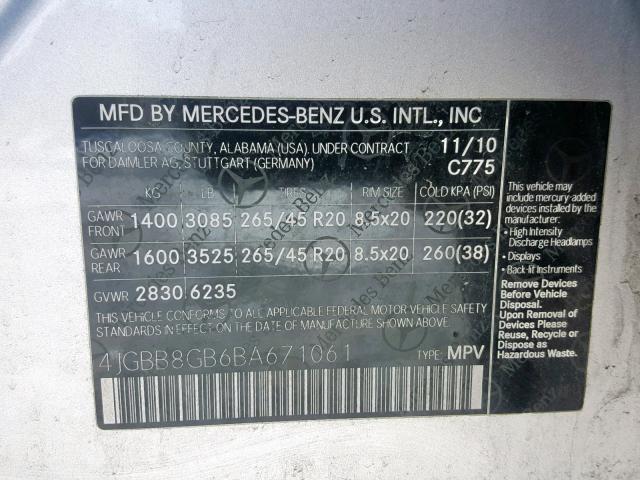 4JGBB8GB6BA671061 - 2011 MERCEDES-BENZ ML 350 4MA SILVER photo 10