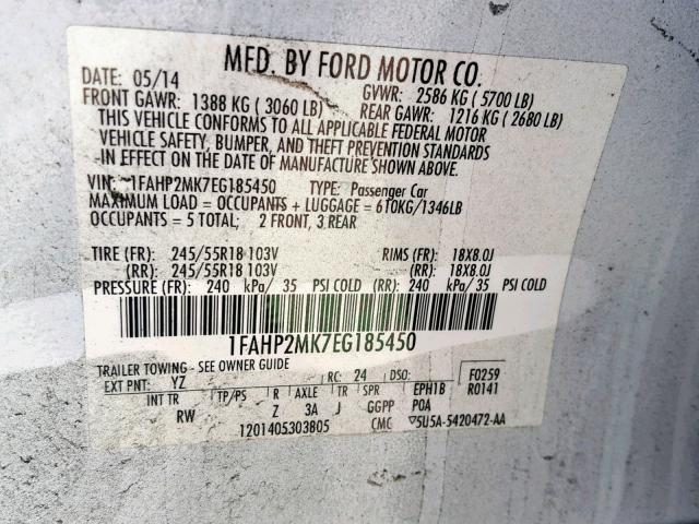 1FAHP2MK7EG185450 - 2014 FORD TAURUS POL WHITE photo 10