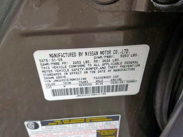 JNKAY01E76M101186 - 2006 INFINITI M35 BASE GRAY photo 10