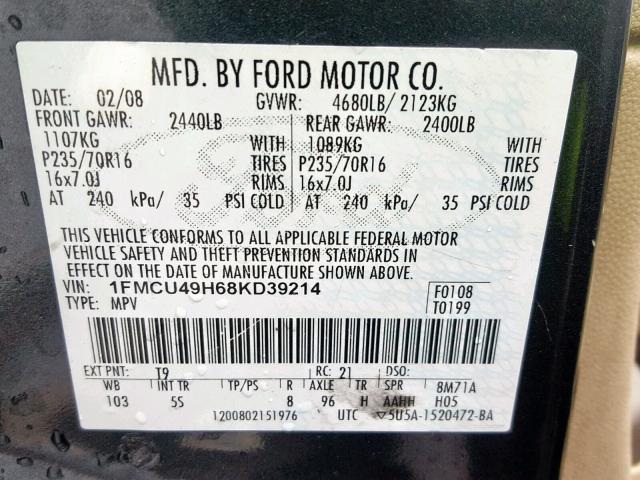 1FMCU49H68KD39214 - 2008 FORD ESCAPE HEV BLACK photo 10