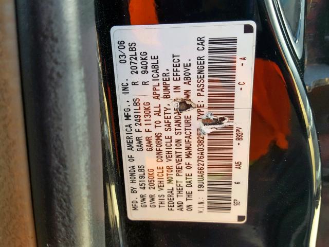 19UUA66276A038257 - 2006 ACURA 3.2TL BLACK photo 10