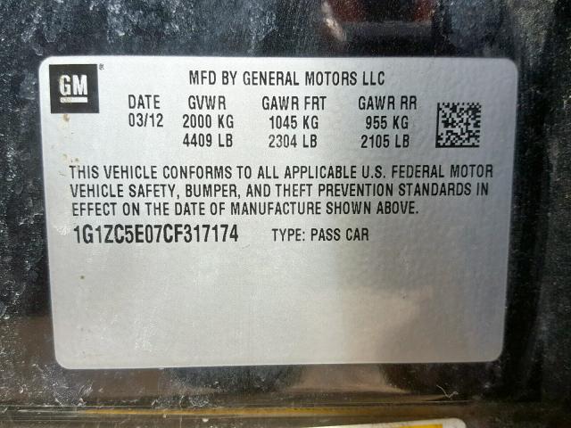 1G1ZC5E07CF317174 - 2012 CHEVROLET MALIBU 1LT 黑色 照片 10