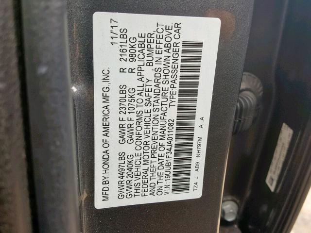 19UUB1F34JA011082 - 2018 ACURA TLX GRAY photo 10