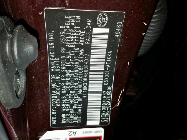 4T1BK3DB6BU384017 - 2011 TOYOTA AVALON BAS BURGUNDY photo 10