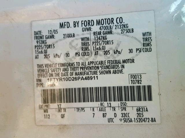 1FTYR10D26PA48911 - 2006 FORD RANGER WHITE photo 10