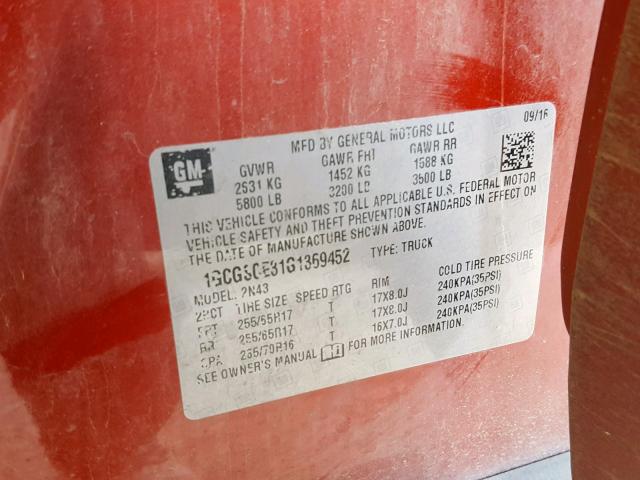 1GCGSCE31G1369452 - 2016 CHEVROLET COLORADO L RED photo 10