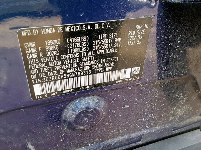 3CZRU6H56GM769313 - 2016 HONDA HR-V EX BLUE photo 10