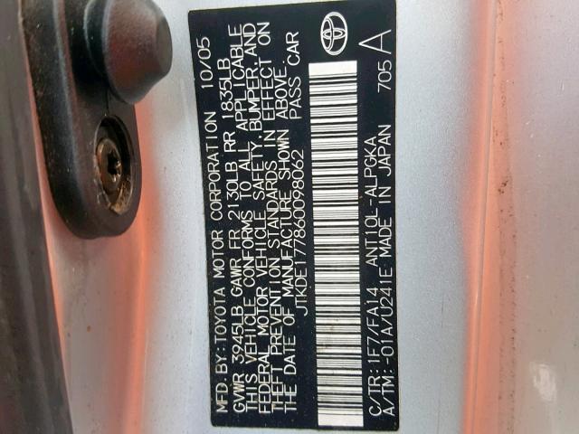 JTKDE177860098062 - 2006 TOYOTA SCION TC 银色 照片 10