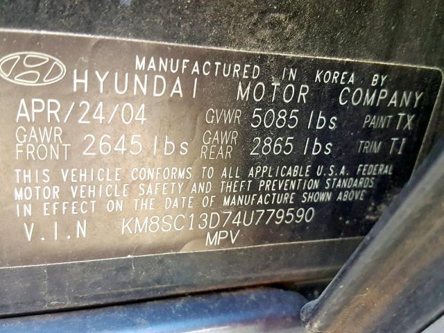 KM8SC13D74U779590 - 2004 HYUNDAI SANTA FE G BLACK photo 10