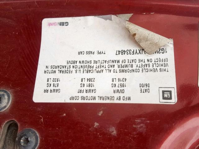 1G2WK52JXYF334847 - 2000 PONTIAC GRAND PRIX 栗色 照片 10