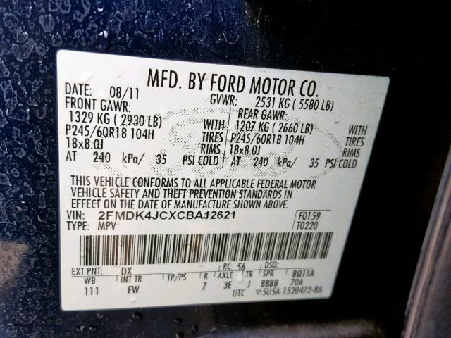 2FMDK4JCXCBA12621 - 2012 FORD EDGE SEL BLUE photo 10