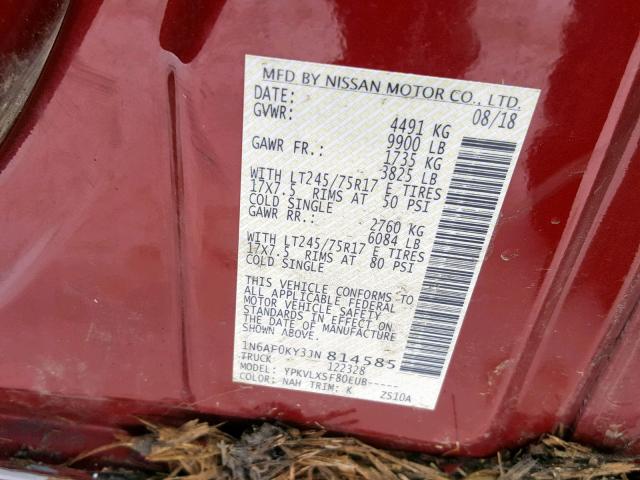 1N6AF0KY3JN814585 - 2018 NISSAN NV 2500 S RED photo 10