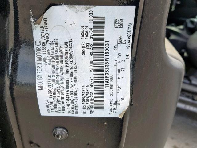 1FAFP38Z35W180031 - 2005 FORD FOCUS ZX4 BLACK photo 10