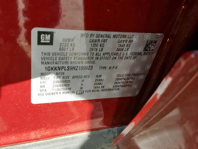 1GKKNPLS9HZ189923 - 2017 GMC ACADIA DEN RED photo 10