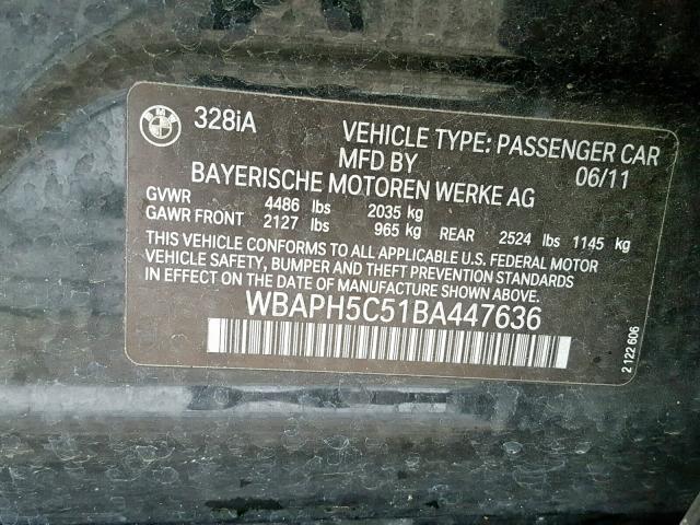 WBAPH5C51BA447636 - 2011 BMW 328 I SULE BLACK photo 10