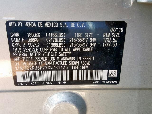 3CZRU6H7XGM761135 - 2016 HONDA HR-V EXL SILVER photo 10