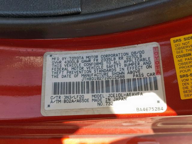 JTHBD182710012588 - 2001 LEXUS IS 300 RED photo 10