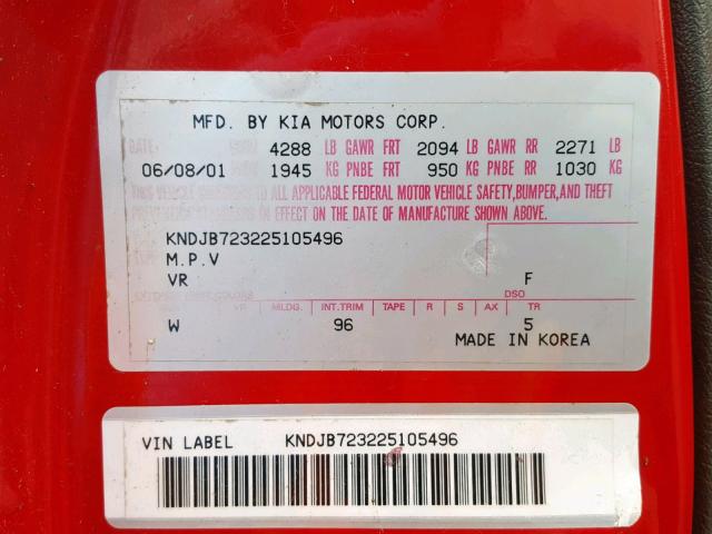 KNDJB723225105496 - 2002 KIA SPORTAGE RED photo 10