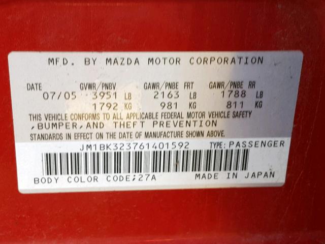 JM1BK323761401592 - 2006 MAZDA 3 S RED photo 10