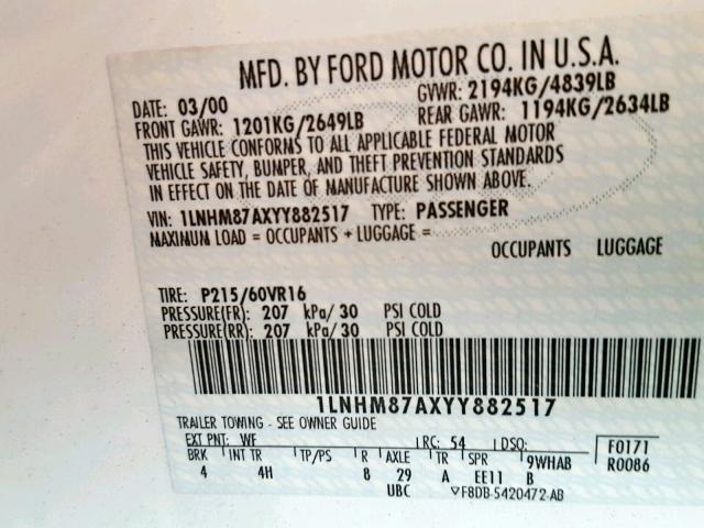 1LNHM87AXYY882517 - 2000 LINCOLN LS WHITE photo 10