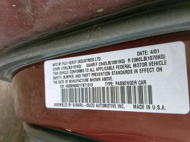 4S3BH806217671313 - 2001 SUBARU LEGACY OUT MAROON photo 10