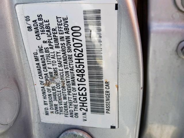 2HGES16485H620700 - 2005 HONDA CIVIC DX SILVER photo 10