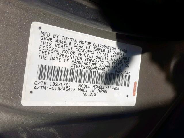 JT8BF28G6W5044017 - 1998 LEXUS ES 300 GRAY photo 10