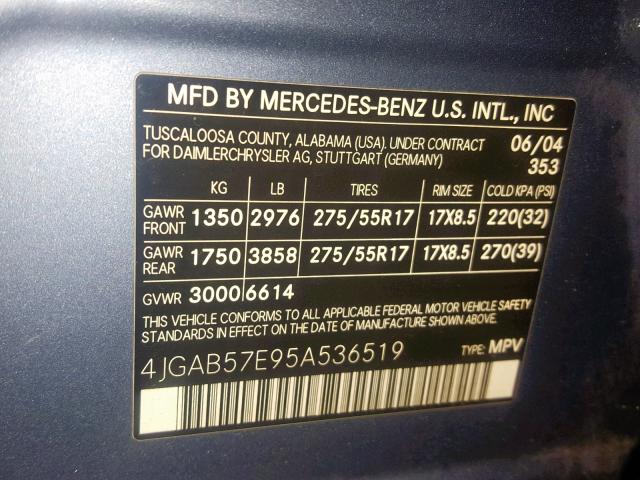 4JGAB57E95A536519 - 2005 MERCEDES-BENZ ML250 BLUE BLUE photo 10