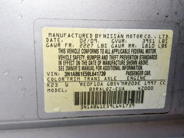 3N1AB61E59L641739 - 2009 NISSAN SENTRA 2.0 SILVER photo 10