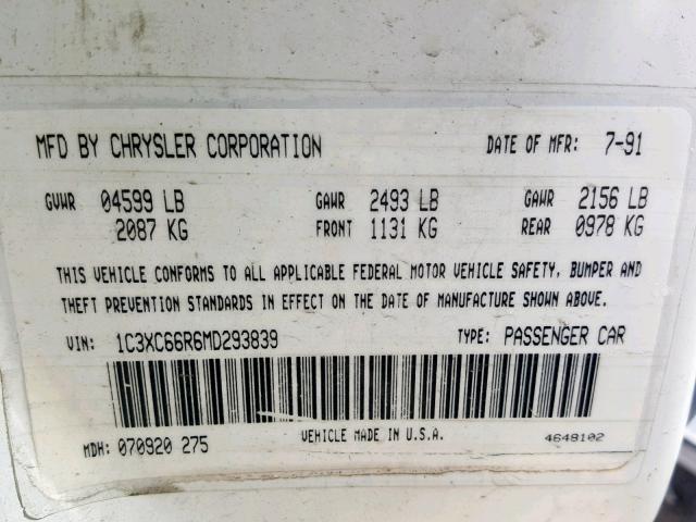 1C3XC66R6MD293839 - 1991 CHRYSLER NEW YORKER WHITE photo 10