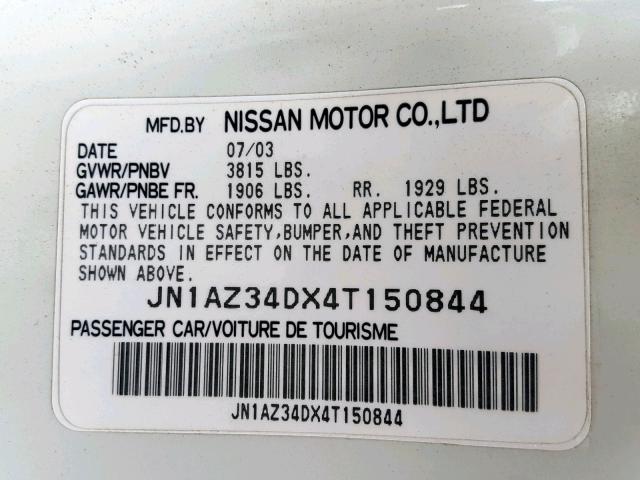 JN1AZ34DX4T150844 - 2004 NISSAN 350Z COUPE WHITE photo 10