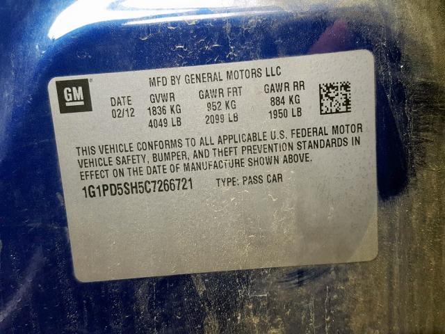 1G1PD5SH5C7266721 - 2012 CHEVROLET CRUZE LS BLUE photo 10