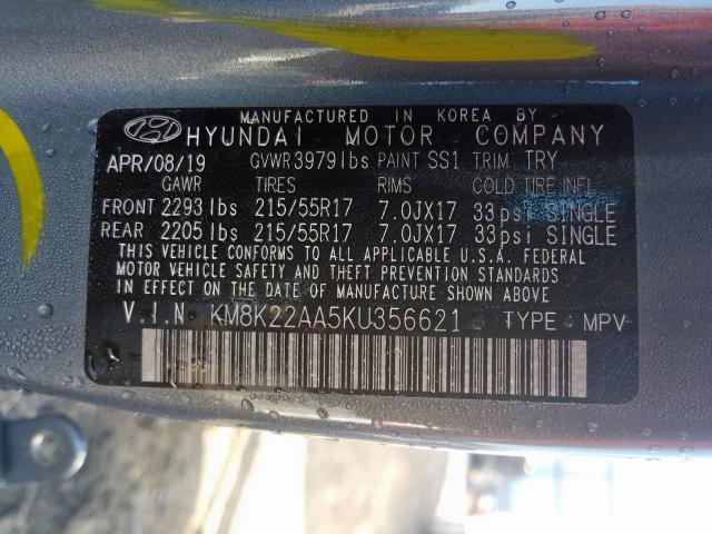 KM8K22AA5KU356621 - 2019 HYUNDAI KONA SEL  photo 10