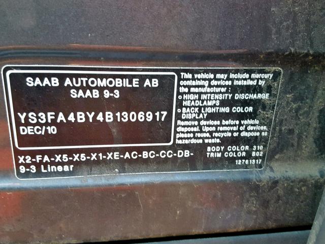 YS3FA4BY4B1306917 - 2011 SAAB 9-3 2.0T GRAY photo 10