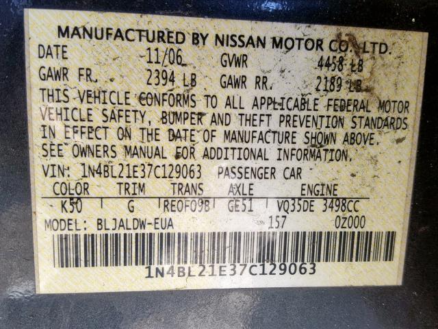 1N4BL21E37C129063 - 2007 NISSAN ALTIMA 3.5 GRAY photo 10