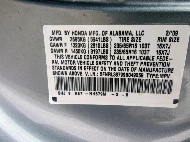 5FNRL38799B049259 - 2009 HONDA ODYSSEY EX BLUE photo 10