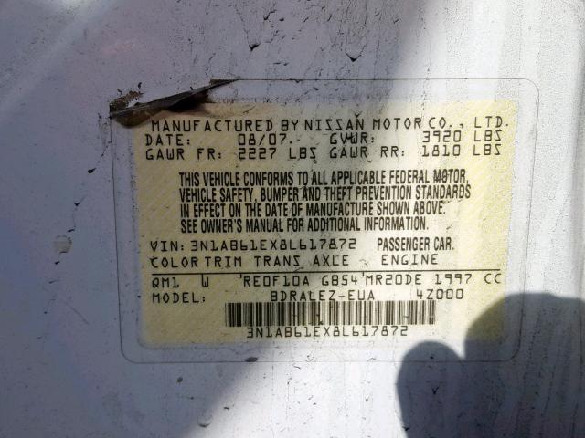 3N1AB61EX8L617872 - 2008 NISSAN SENTRA 2.0 WHITE photo 10